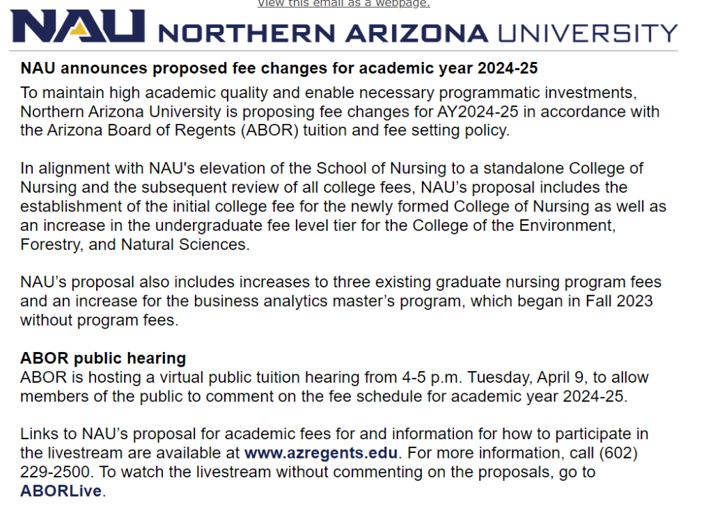 A press release for new fee changes coming to Northern Arizona University.